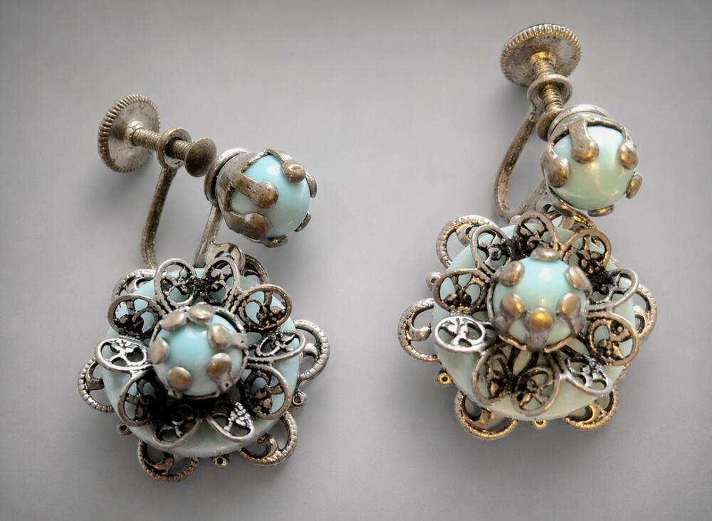 Blue Dangle Earrings Screw Back Vintage Faux Turquoise Victorian Style 1" sb-52